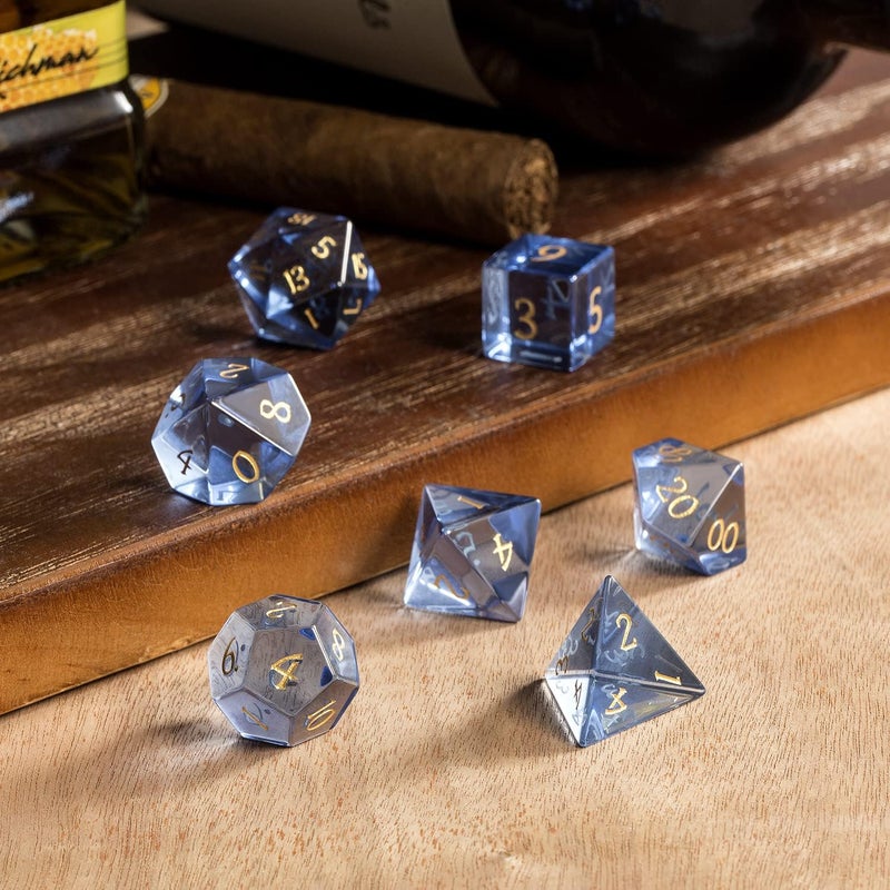 DNDND Glass DND Dice Set 7 Piece Zircon Dice with Great Gift Box for D&D Dungeons and Dragon Tabletop Game (Blue Glass with Gold Num) - Image 5
